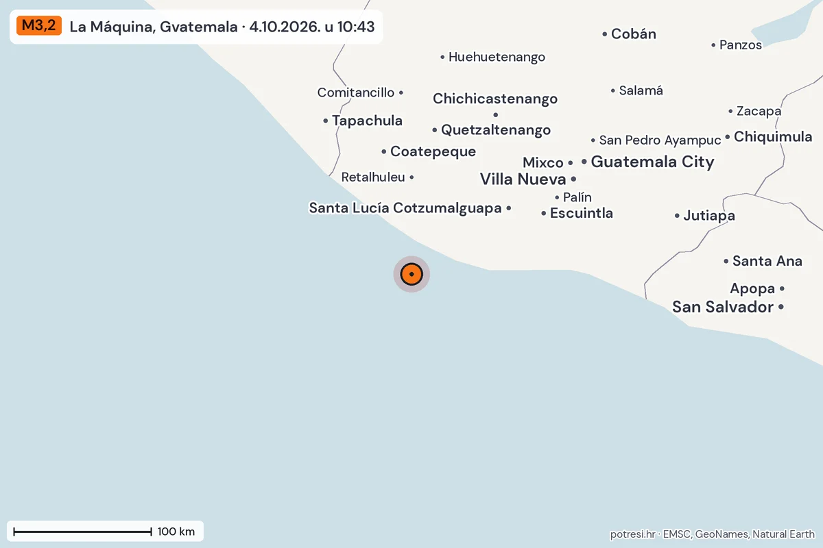 Karta: šire područje, 600 km, potres M3,2, La Máquina, Gvatemala, 4.10.2026.