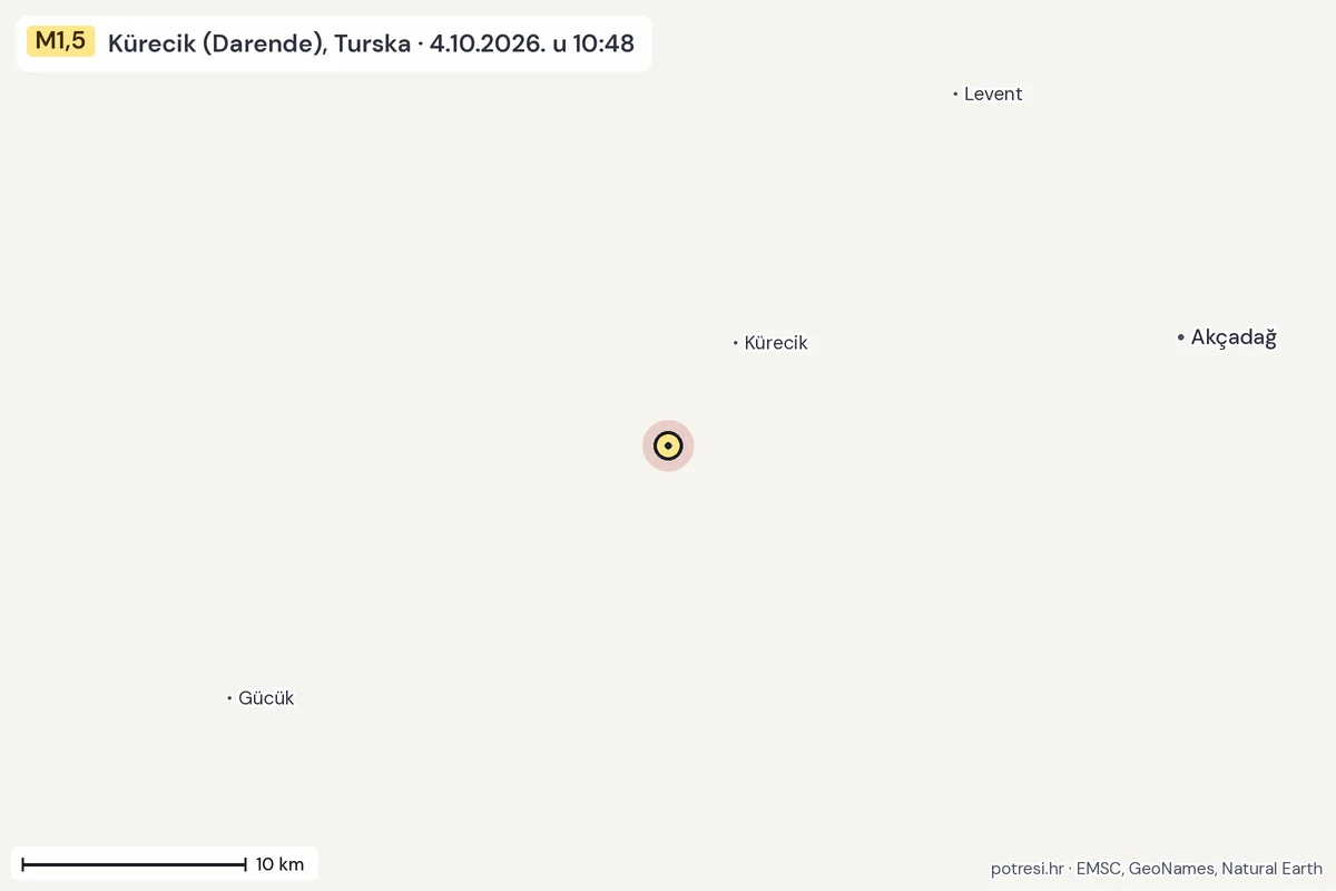 Karta: okolica epicentra, 60 km, potres M1,5, Kürecik (Darende), Turska, 4.10.2026.