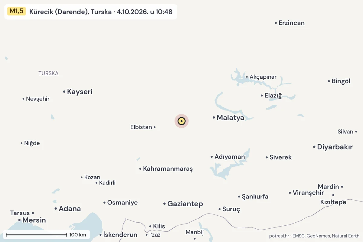 Karta: šire područje, 600 km, potres M1,5, Kürecik (Darende), Turska, 4.10.2026.