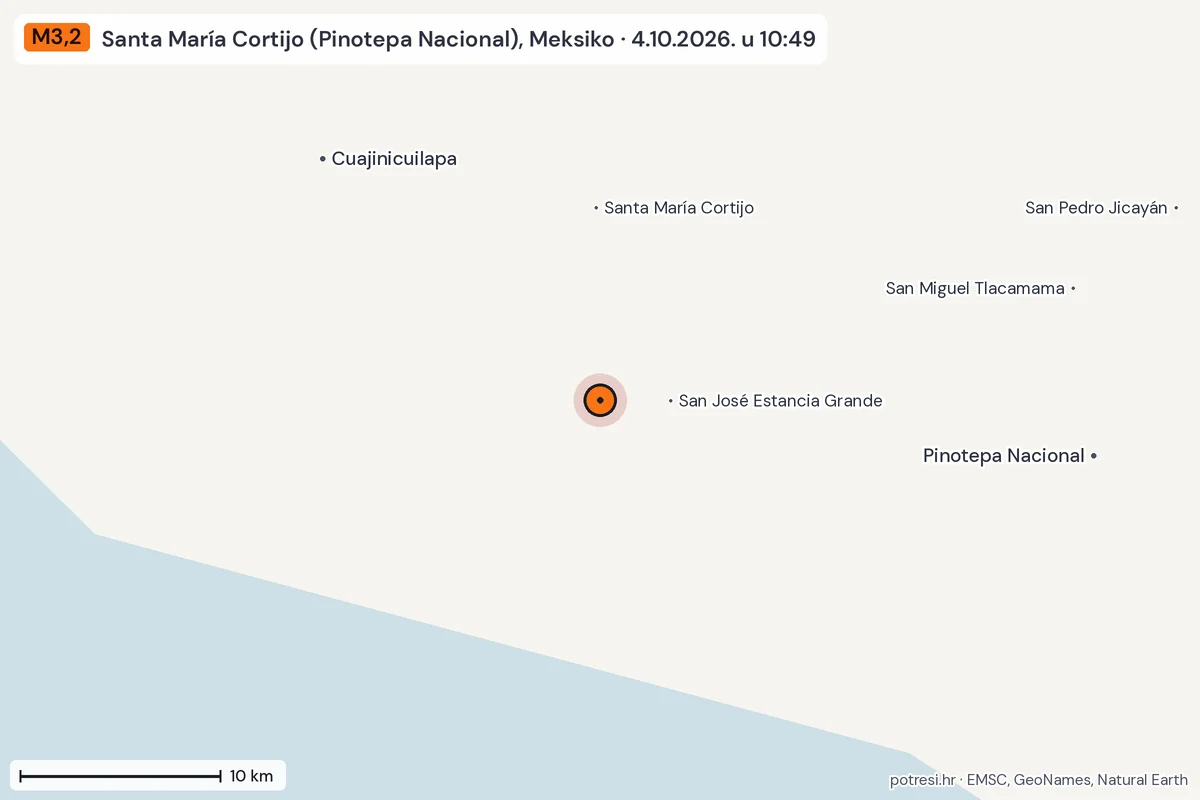 Karta: okolica epicentra, 60 km, potres M3,2, Santa María Cortijo (Pinotepa Nacional), Meksiko, 4.10.2026.