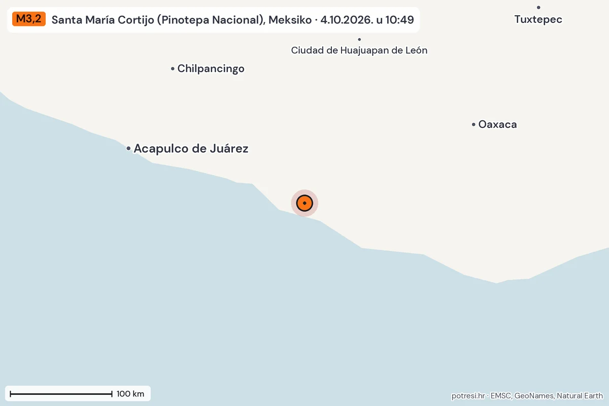 Karta: šire područje, 600 km, potres M3,2, Santa María Cortijo (Pinotepa Nacional), Meksiko, 4.10.2026.
