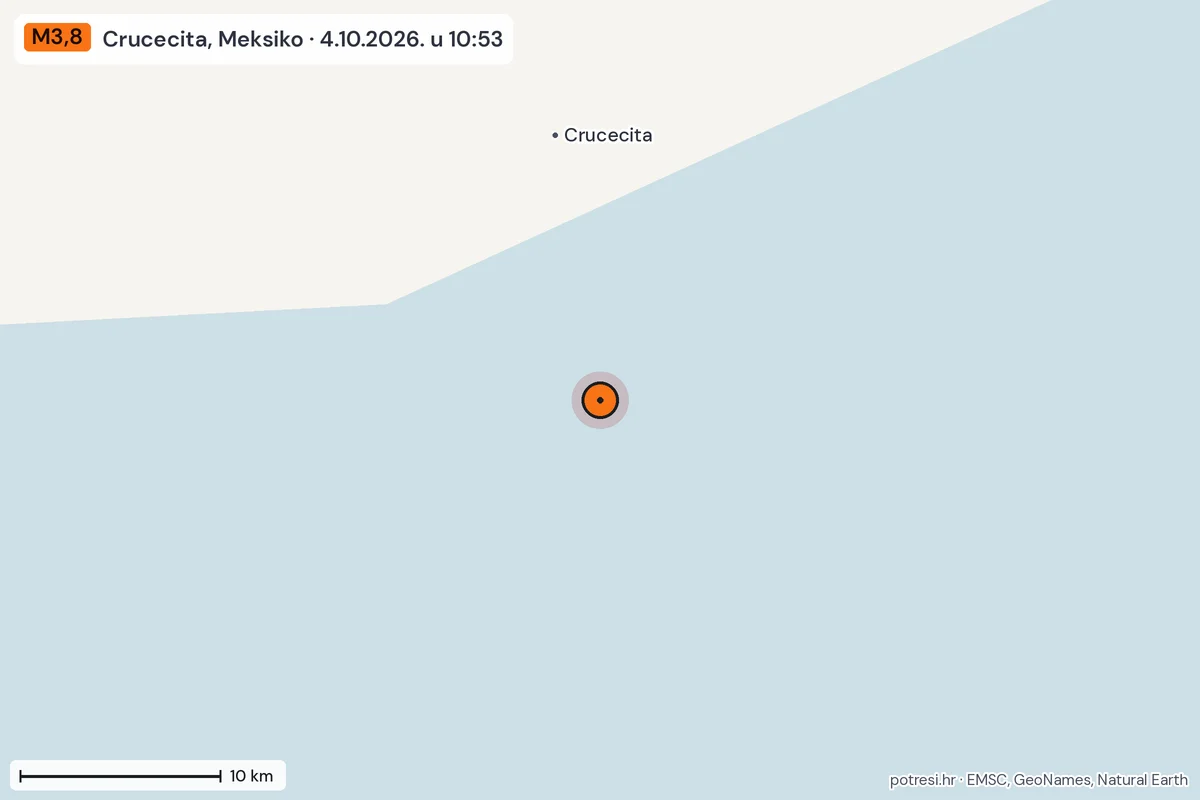 Karta: okolica epicentra, 60 km, potres M3,8, Crucecita, Meksiko, 4.10.2026.