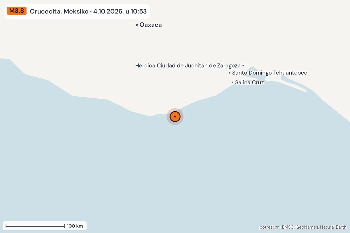 Karta: šire područje, 600 km, potres M3,8, Crucecita, Meksiko, 4.10.2026.