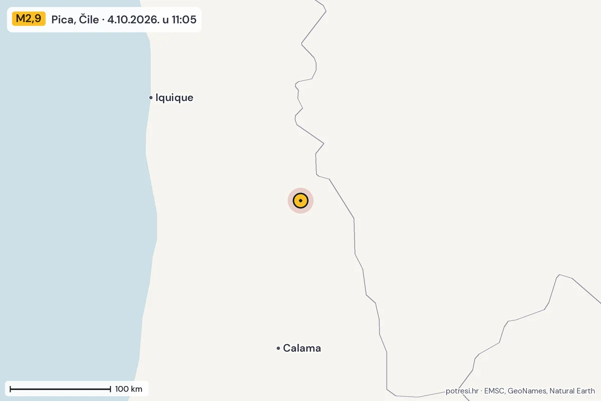 Karta: šire područje, 600 km, potres M2,9, Pica, Čile, 4.10.2026.