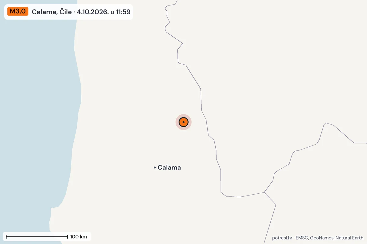 Karta: šire područje, 600 km, potres M3,0, Calama, Čile, 4.10.2026.