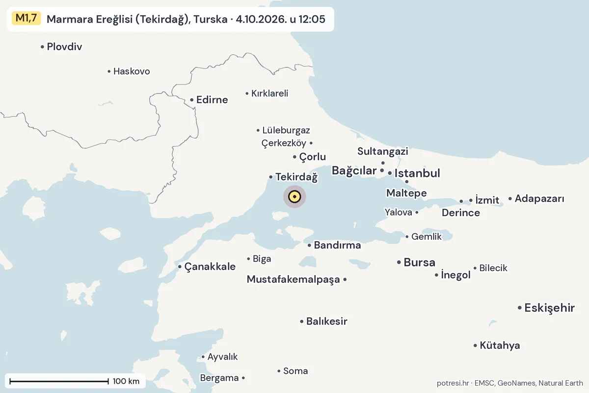 Karta: šire područje, 600 km, potres M1,7, Marmara Ereğlisi (Tekirdağ), Turska, 4.10.2026.