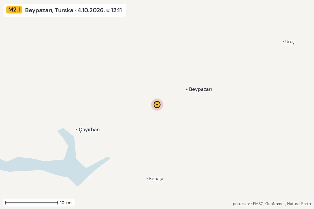 Karta: okolica epicentra, 60 km, potres M2,1, Beypazarı, Turska, 4.10.2026.
