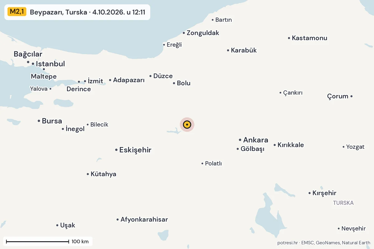 Karta: šire područje, 600 km, potres M2,1, Beypazarı, Turska, 4.10.2026.