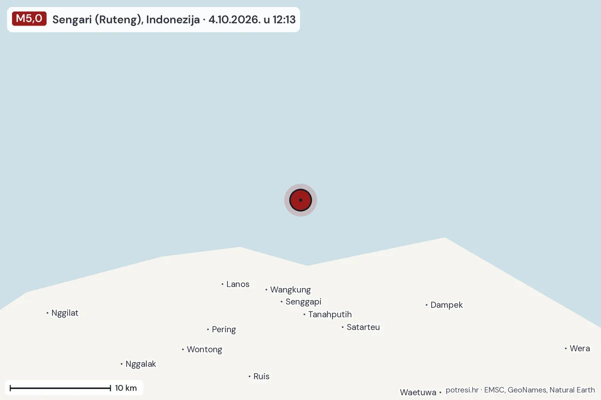 Karta: okolica epicentra, 60 km, potres M5,0, Sengari (Ruteng), Indonezija, 4.10.2026.