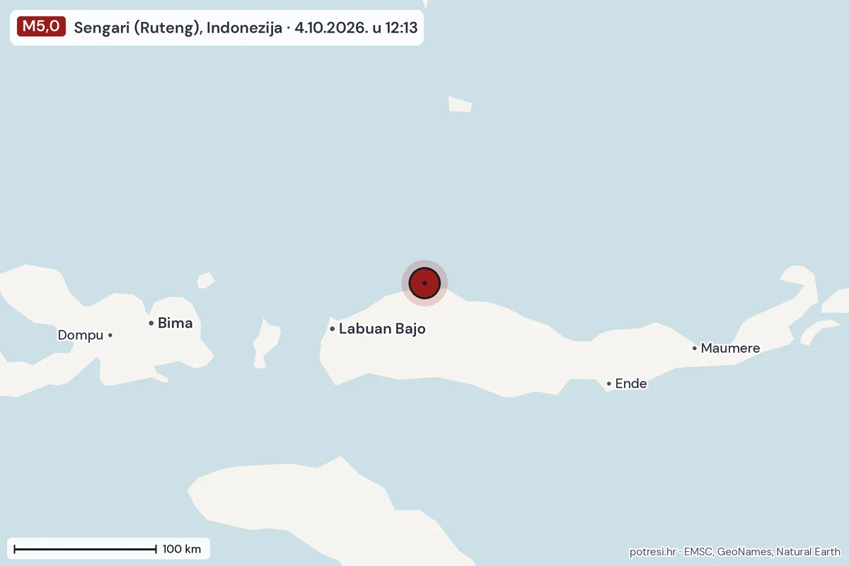 Karta: šire područje, 600 km, potres M5,0, Sengari (Ruteng), Indonezija, 4.10.2026.