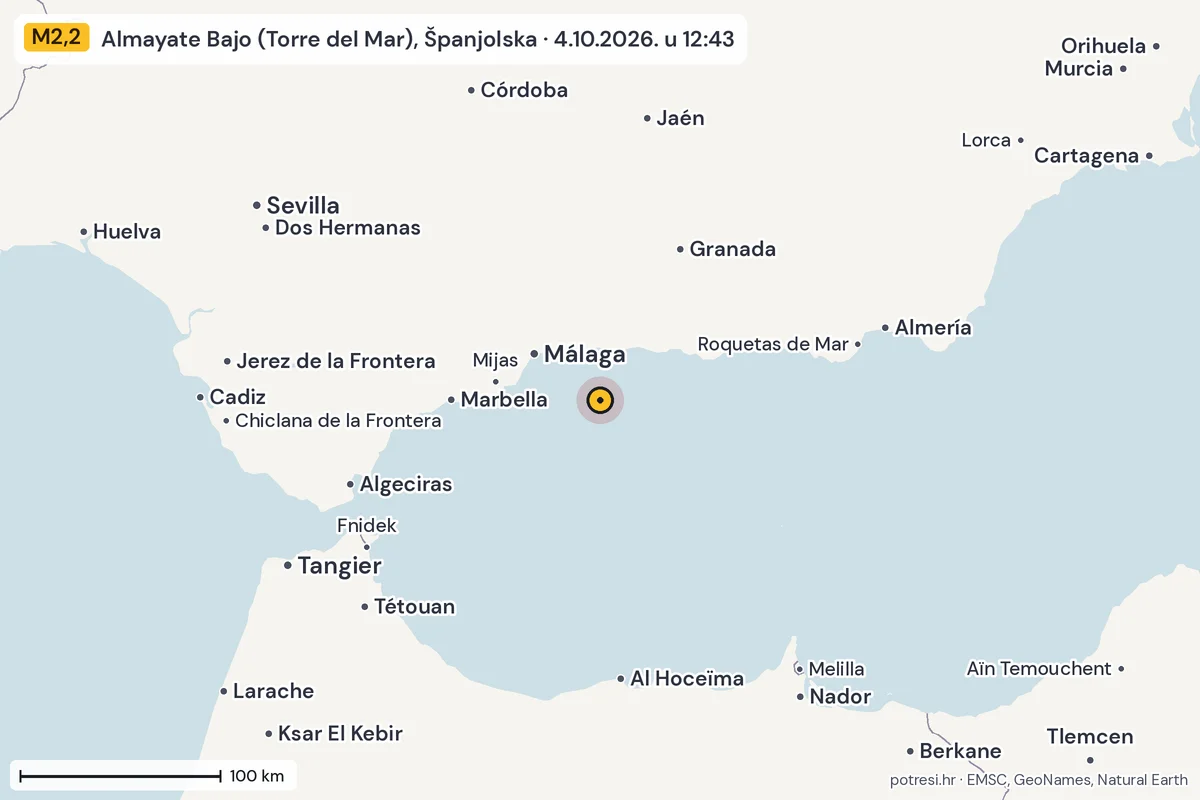Karta: šire područje, 600 km, potres M2,2, Almayate Bajo (Torre del Mar), Španjolska, 4.10.2026.