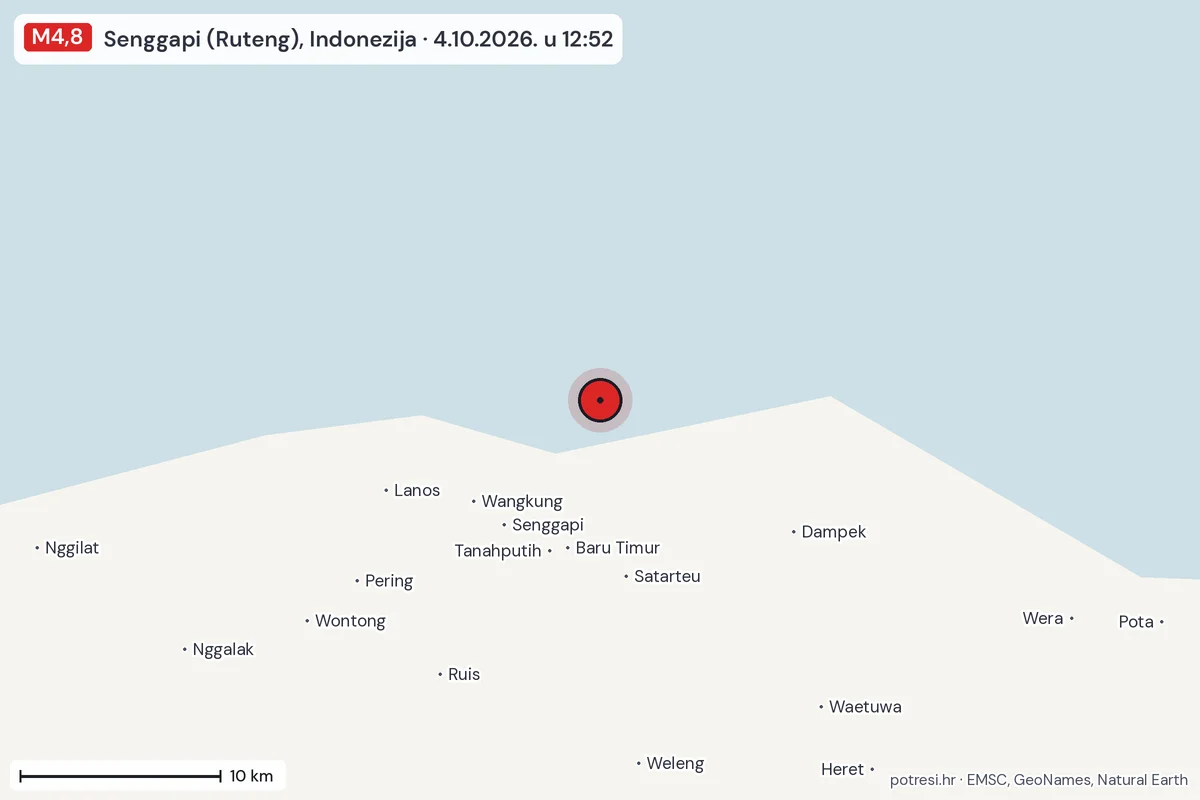 Karta: okolica epicentra, 60 km, potres M4,8, Senggapi (Ruteng), Indonezija, 4.10.2026.