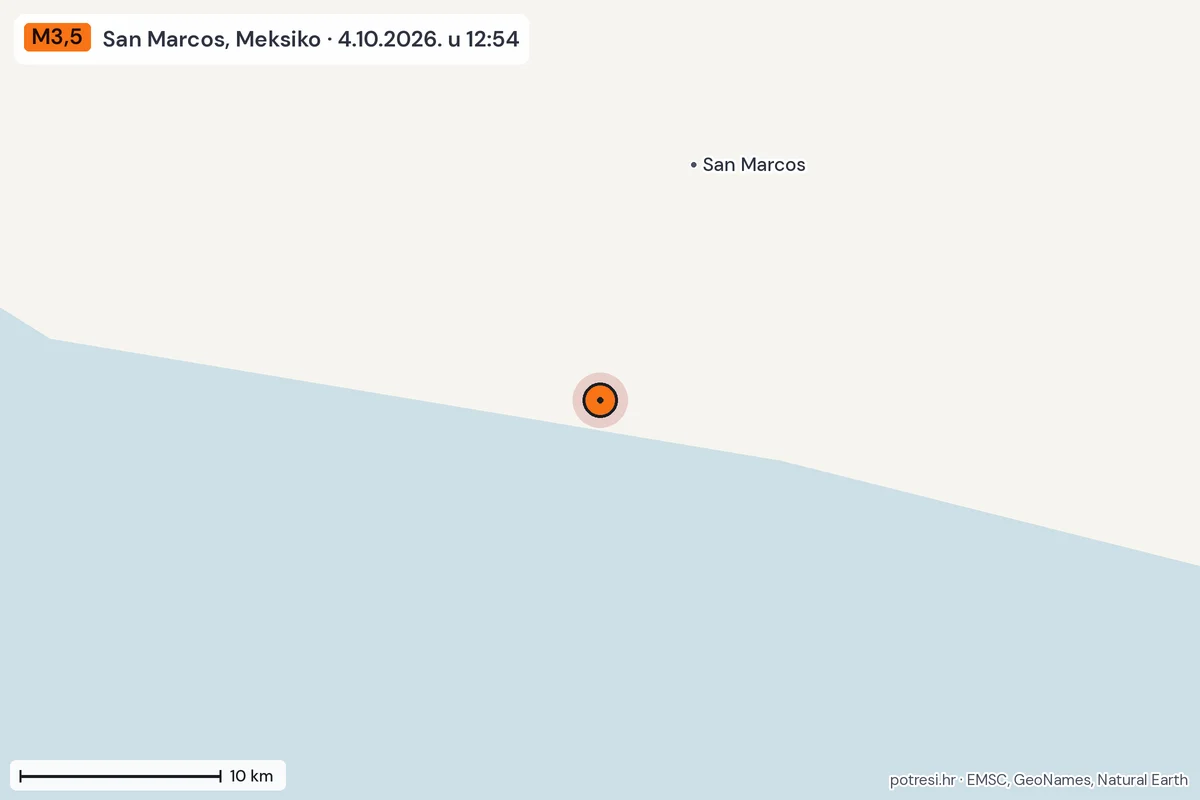 Karta: okolica epicentra, 60 km, potres M3,5, San Marcos, Meksiko, 4.10.2026.