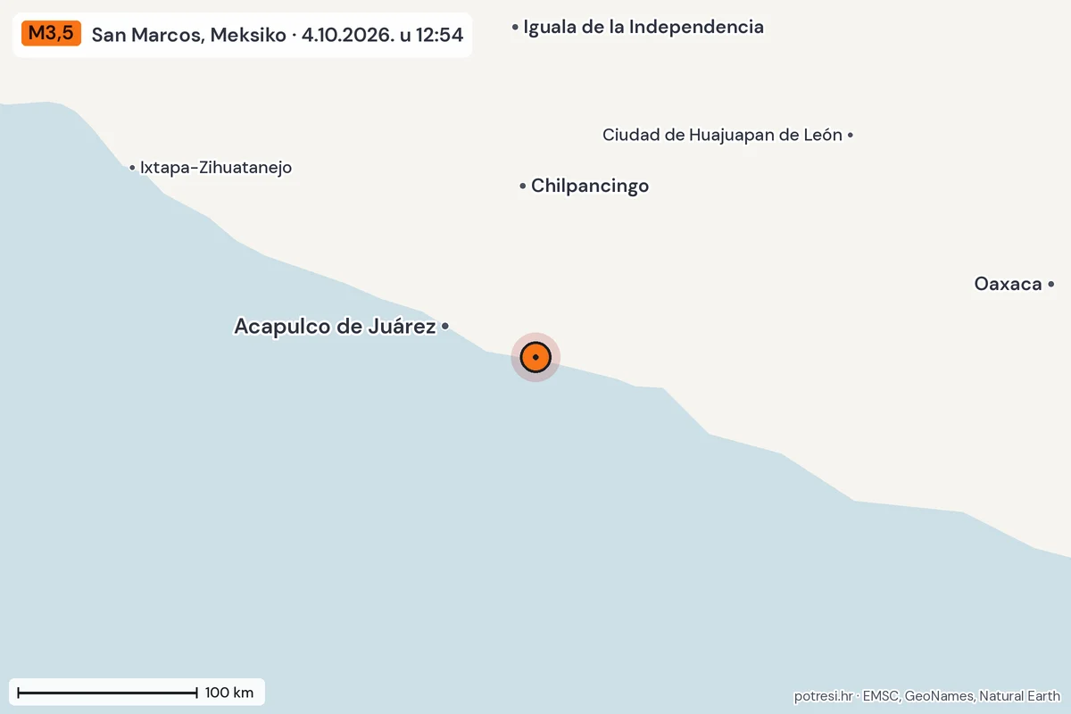 Karta: šire područje, 600 km, potres M3,5, San Marcos, Meksiko, 4.10.2026.