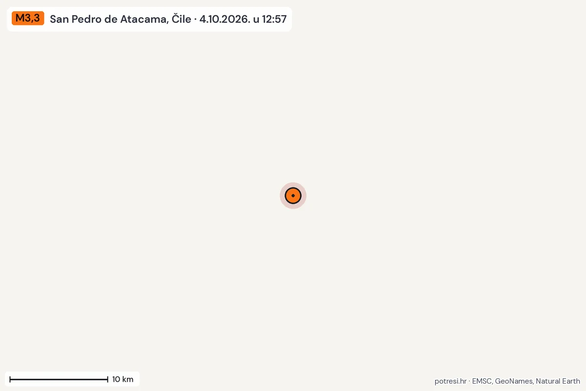 Karta: okolica epicentra, 60 km, potres M3,3, San Pedro de Atacama, Čile, 4.10.2026.