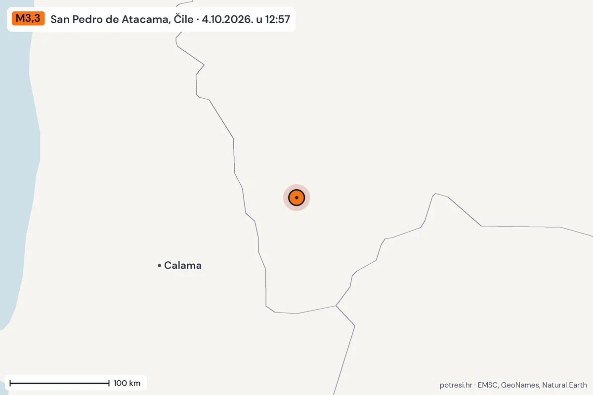 Karta: šire područje, 600 km, potres M3,3, San Pedro de Atacama, Čile, 4.10.2026.