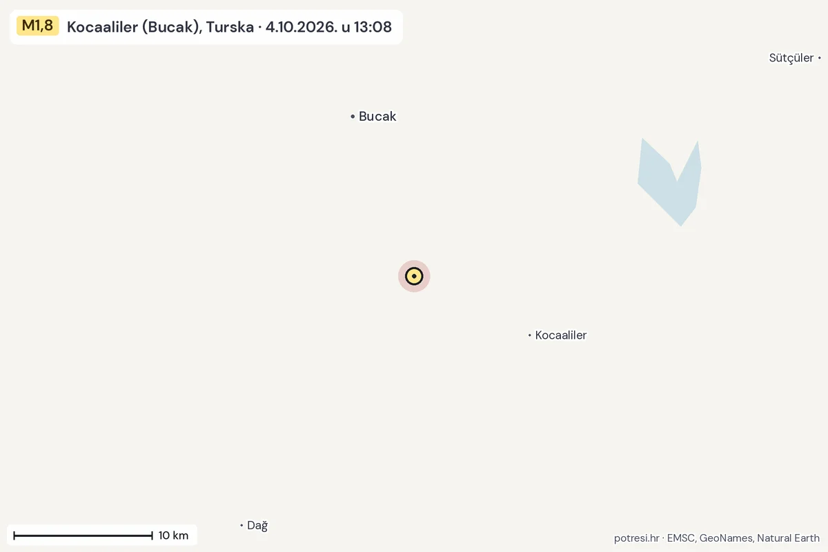 Karta: okolica epicentra, 60 km, potres M1,8, Kocaaliler (Bucak), Turska, 4.10.2026.