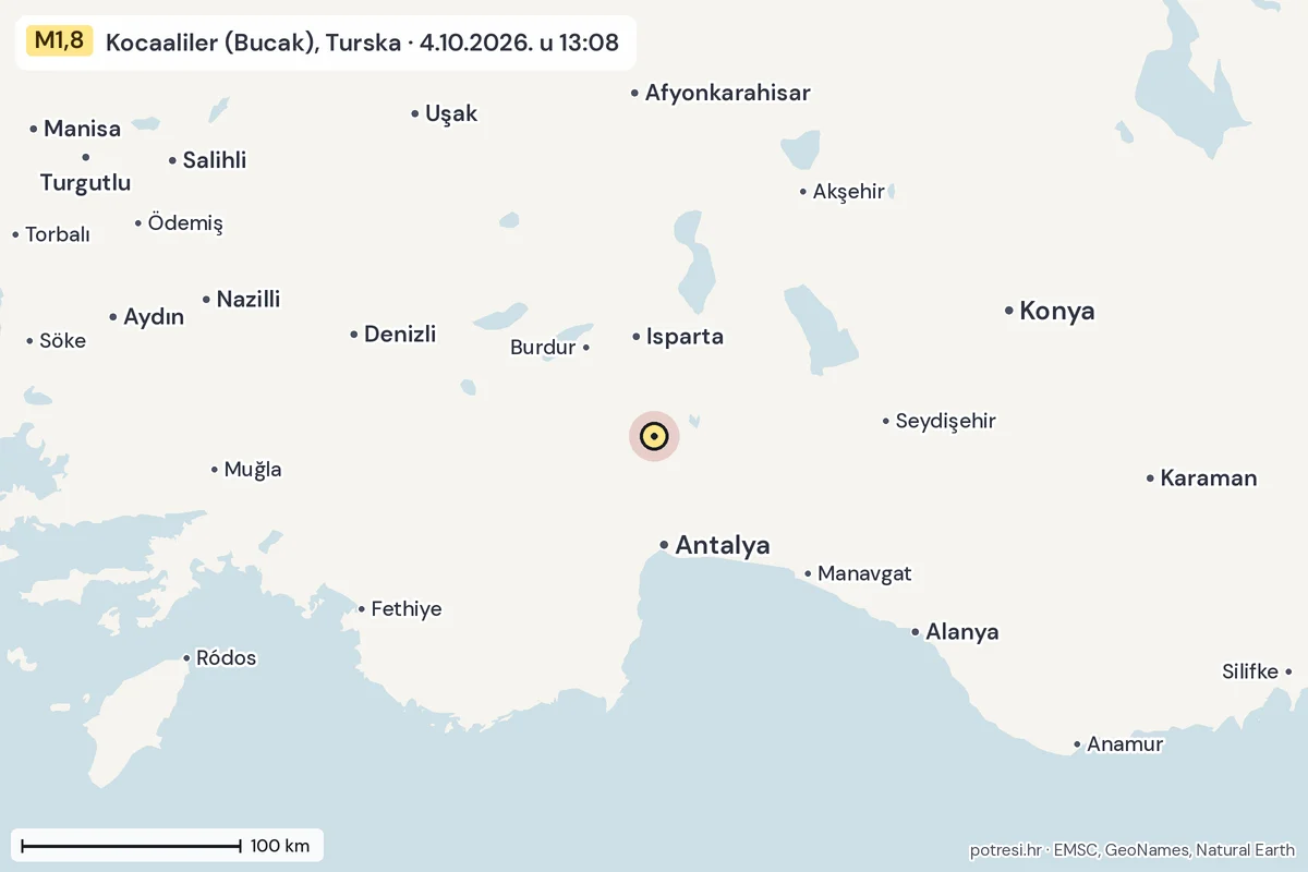 Karta: šire područje, 600 km, potres M1,8, Kocaaliler (Bucak), Turska, 4.10.2026.