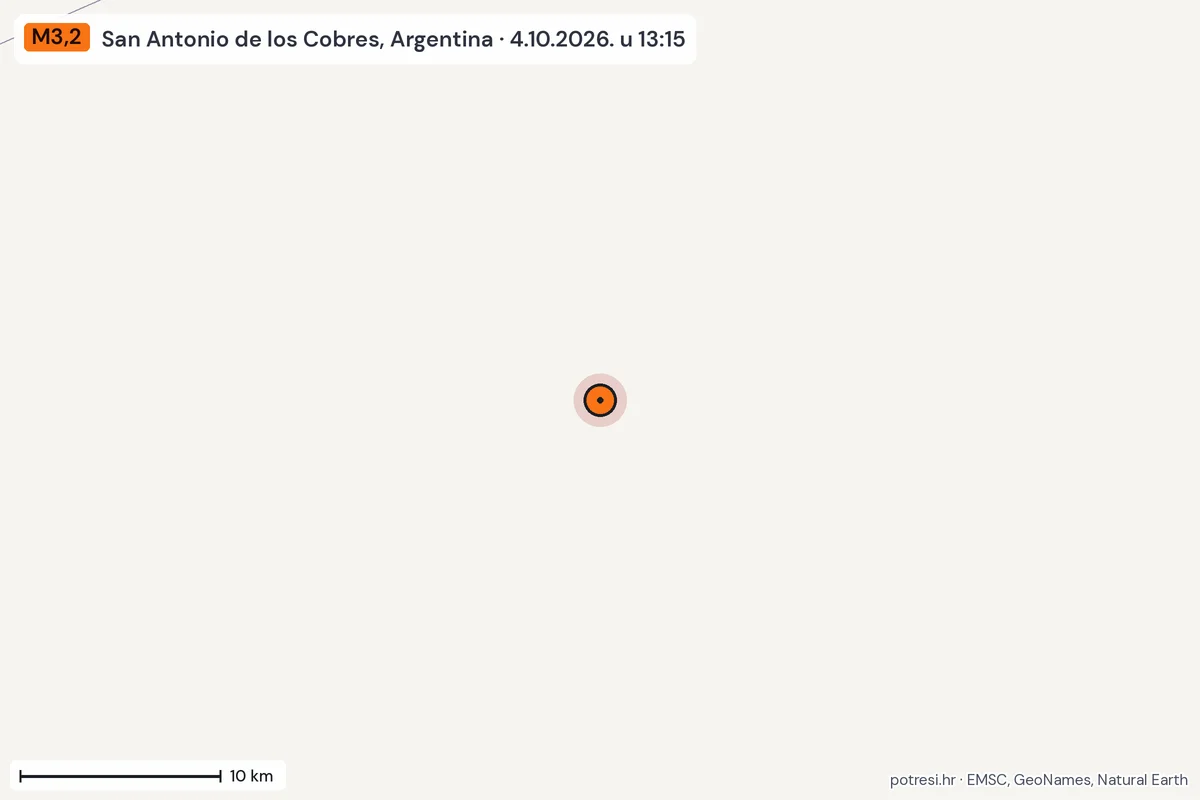 Karta: okolica epicentra, 60 km, potres M3,2, San Antonio de los Cobres, Argentina, 4.10.2026.