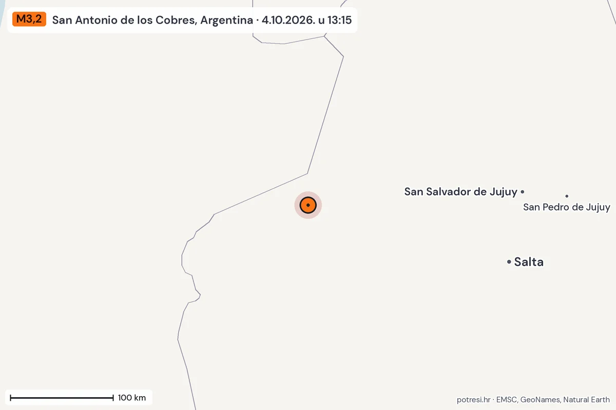 Karta: šire područje, 600 km, potres M3,2, San Antonio de los Cobres, Argentina, 4.10.2026.