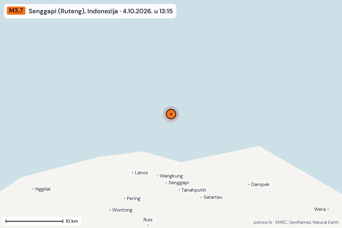Karta: okolica epicentra, 60 km, potres M3,7, Senggapi (Ruteng), Indonezija, 4.10.2026.