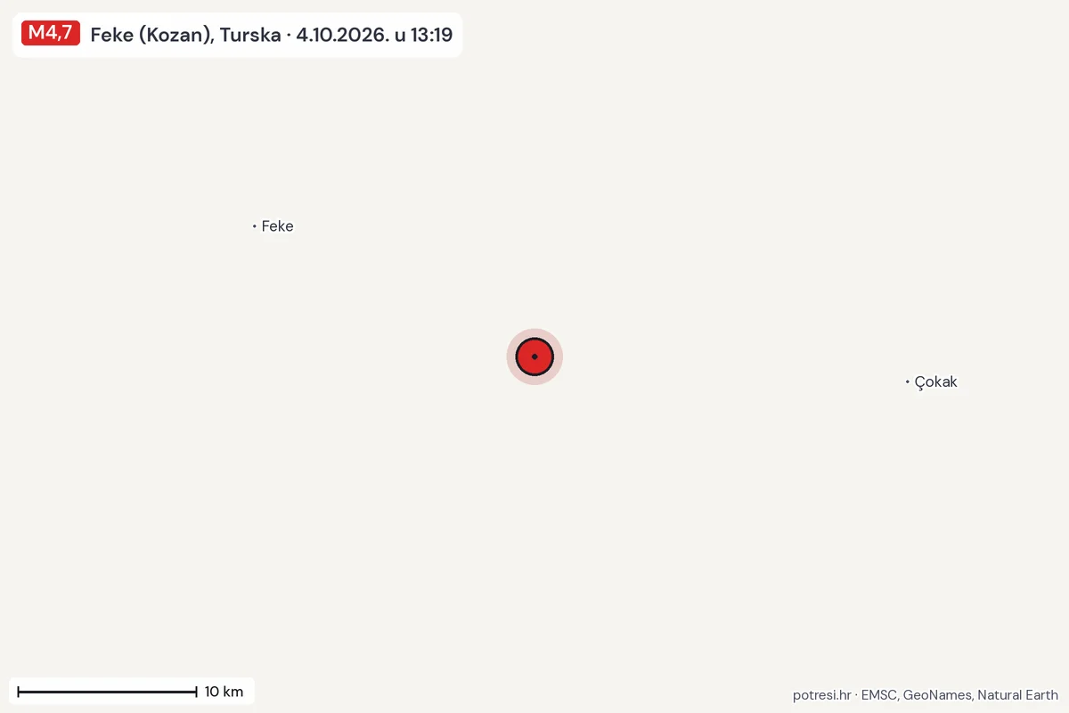 Karta: okolica epicentra, 60 km, potres M4,7, Feke (Kozan), Turska, 4.10.2026.