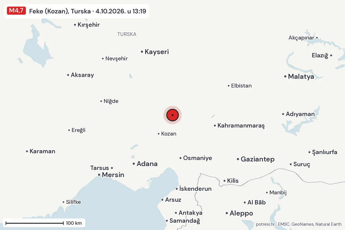 Karta: šire područje, 600 km, potres M4,7, Feke (Kozan), Turska, 4.10.2026.
