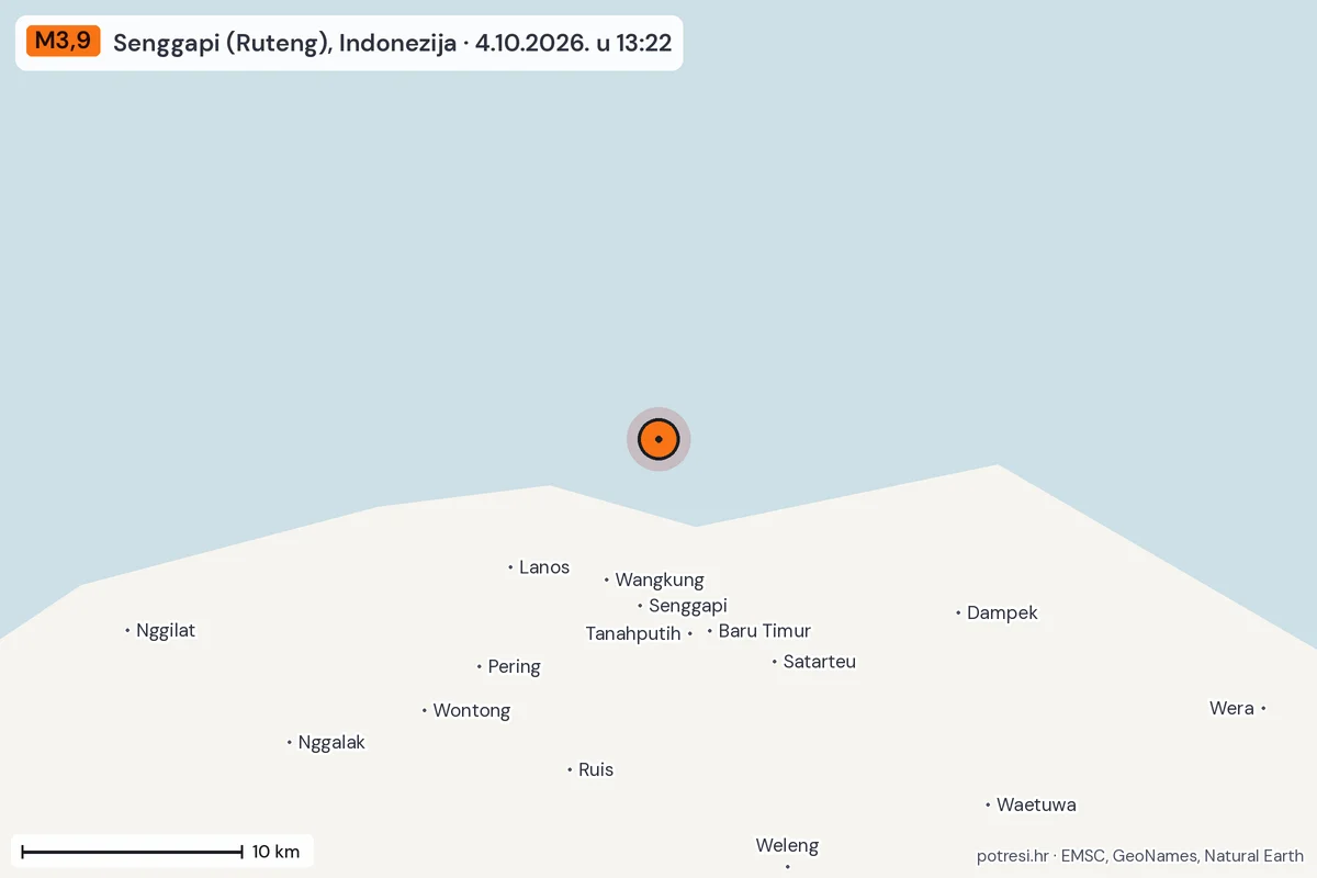 Karta: okolica epicentra, 60 km, potres M3,9, Senggapi (Ruteng), Indonezija, 4.10.2026.