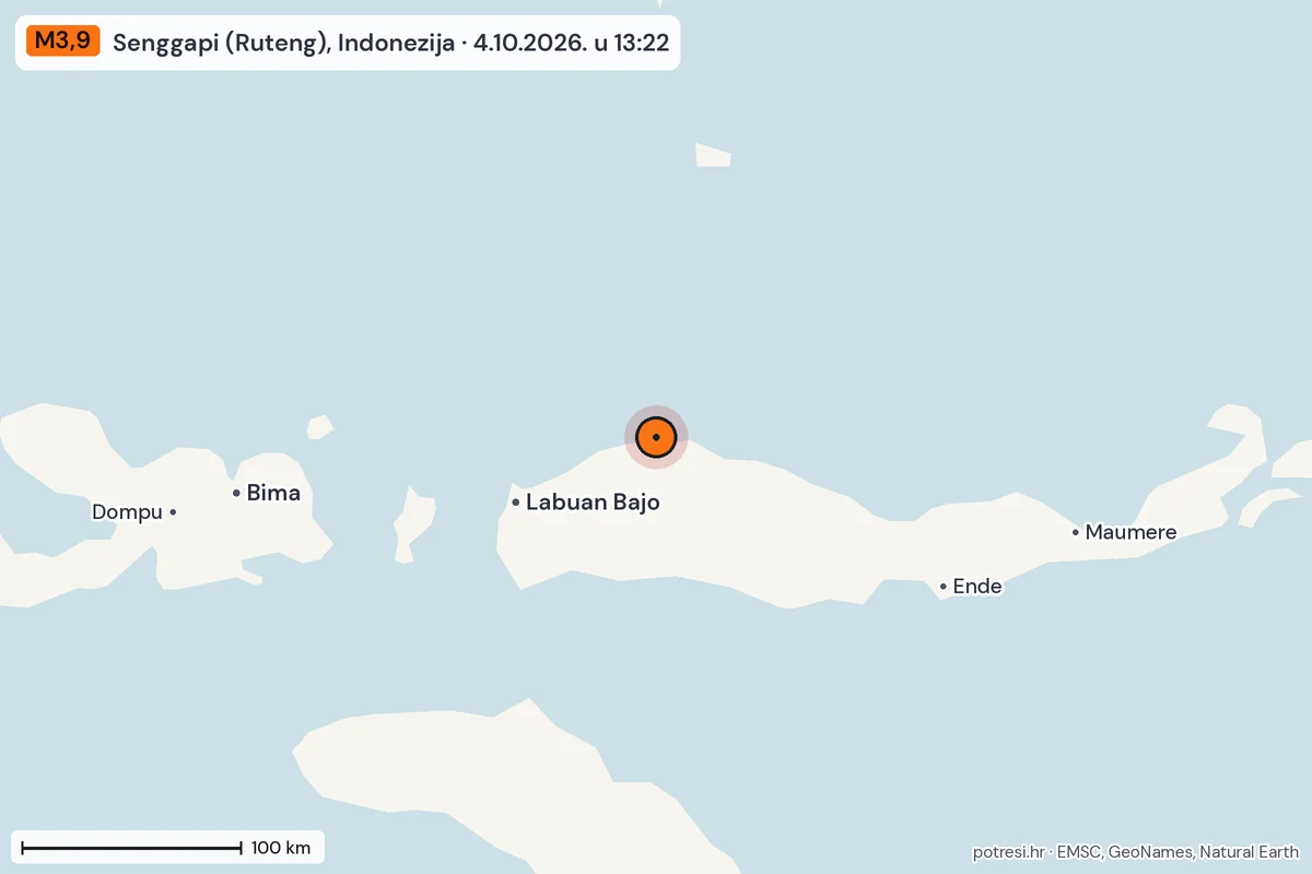 Karta: šire područje, 600 km, potres M3,9, Senggapi (Ruteng), Indonezija, 4.10.2026.