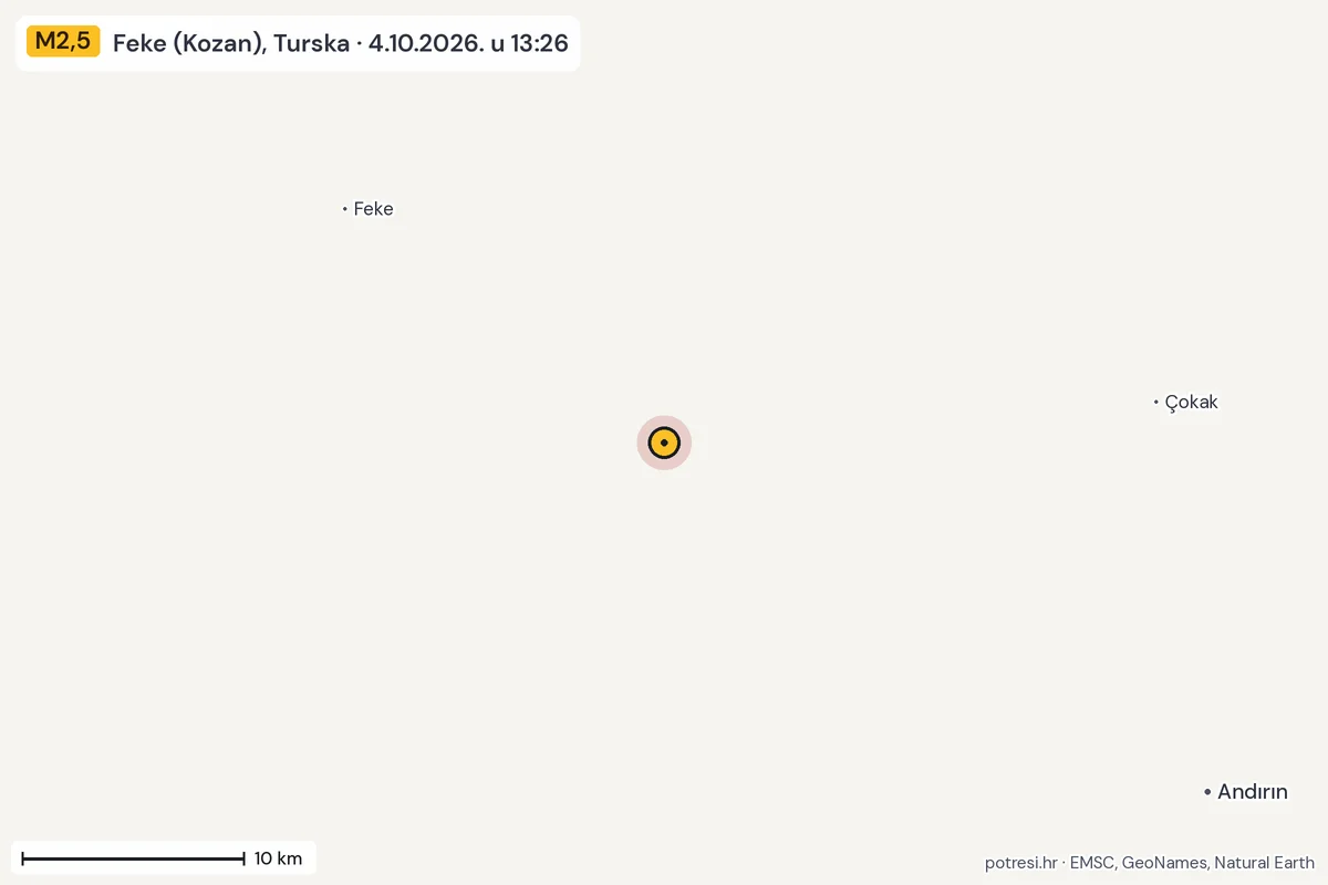 Karta: okolica epicentra, 60 km, potres M2,5, Feke (Kozan), Turska, 4.10.2026.