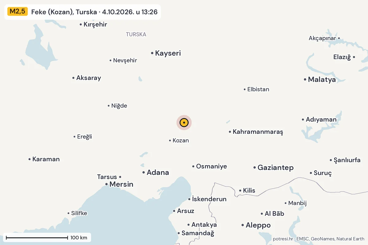 Karta: šire područje, 600 km, potres M2,5, Feke (Kozan), Turska, 4.10.2026.