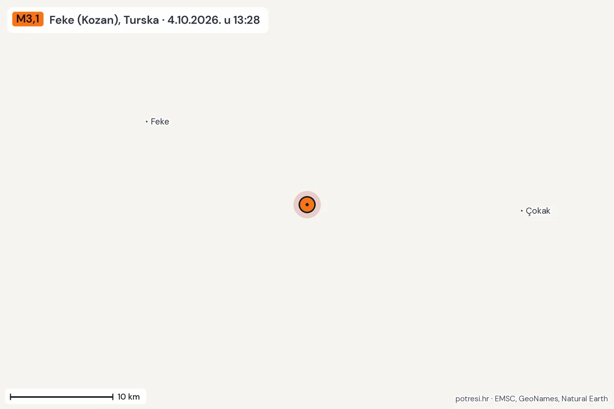 Karta: okolica epicentra, 60 km, potres M3,1, Feke (Kozan), Turska, 4.10.2026.
