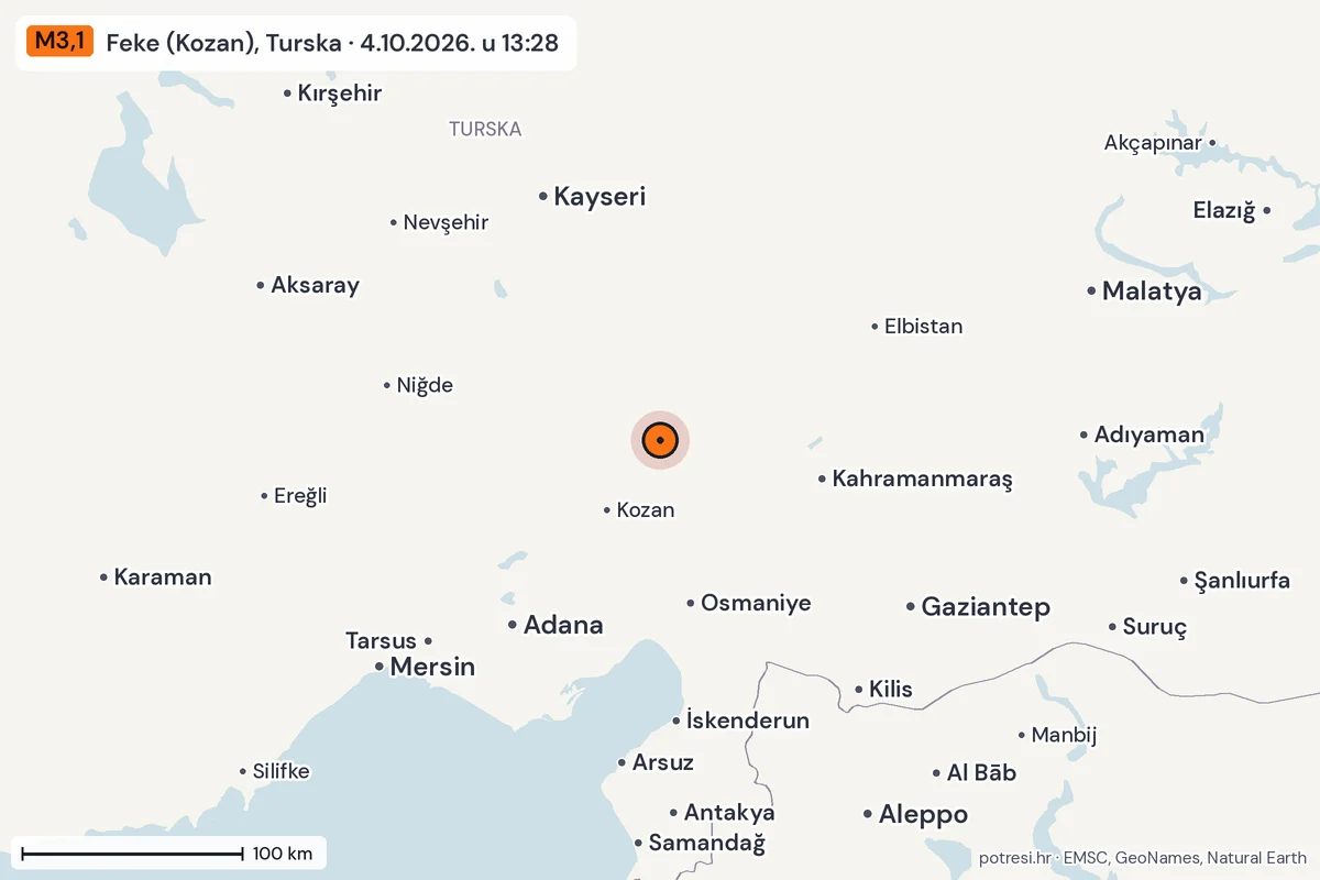 Karta: šire područje, 600 km, potres M3,1, Feke (Kozan), Turska, 4.10.2026.