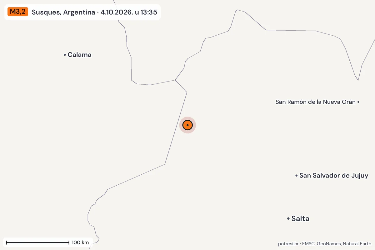 Karta: šire područje, 600 km, potres M3,2, Susques, Argentina, 4.10.2026.