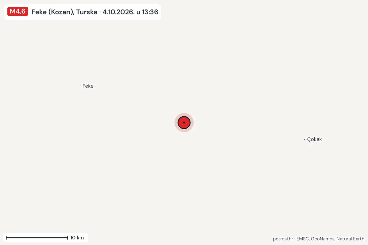 Karta: okolica epicentra, 60 km, potres M4,6, Feke (Kozan), Turska, 4.10.2026.