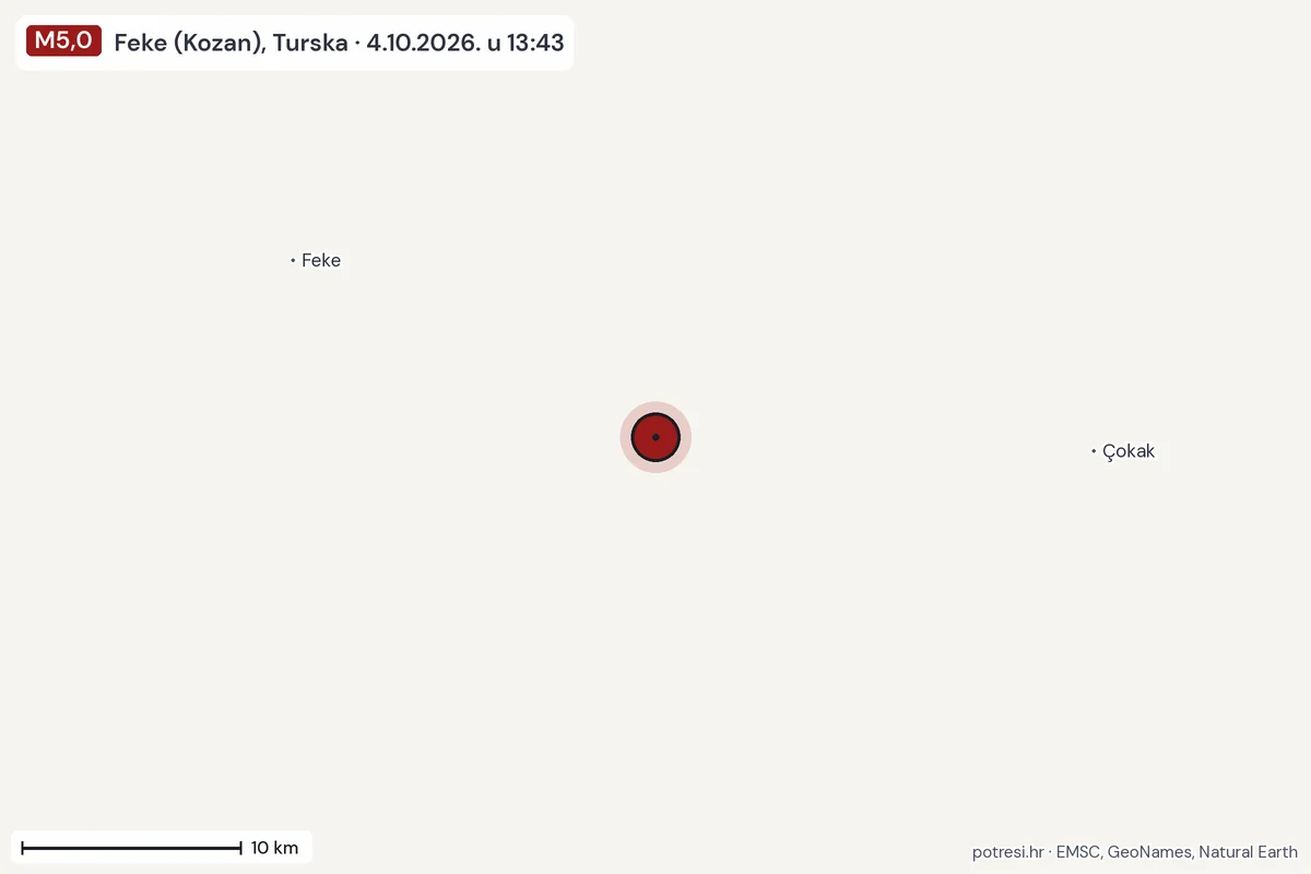 Karta: okolica epicentra, 60 km, potres M5,0, Feke (Kozan), Turska, 4.10.2026.