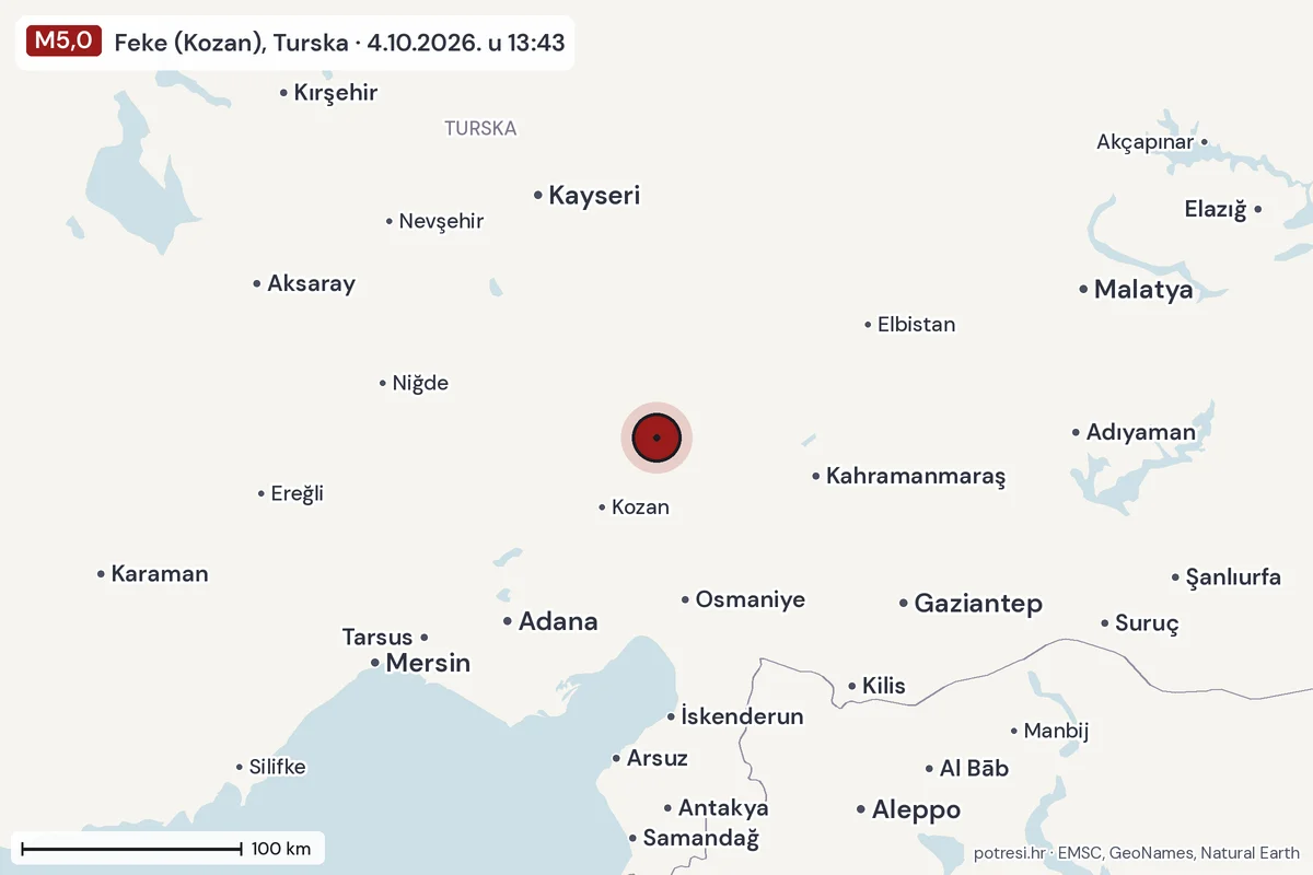 Karta: šire područje, 600 km, potres M5,0, Feke (Kozan), Turska, 4.10.2026.