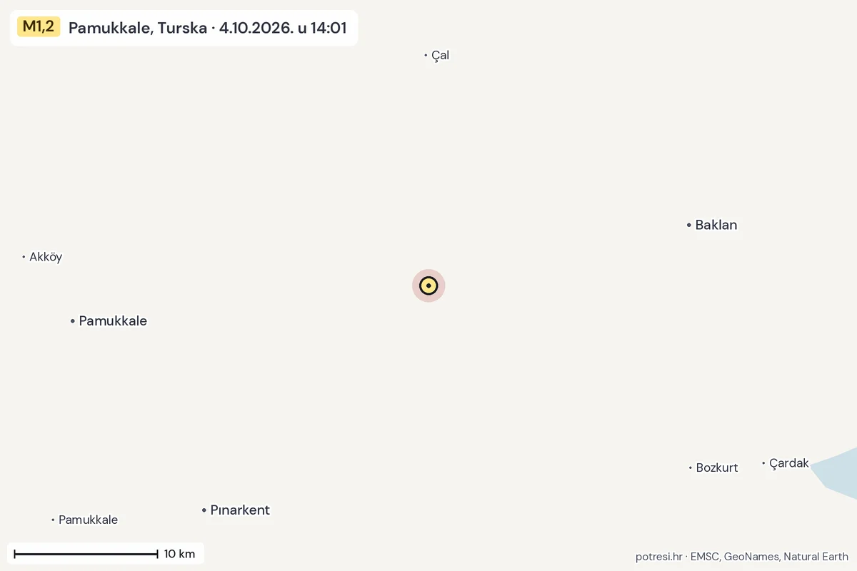 Karta: okolica epicentra, 60 km, potres M1,2, Pamukkale, Turska, 4.10.2026.