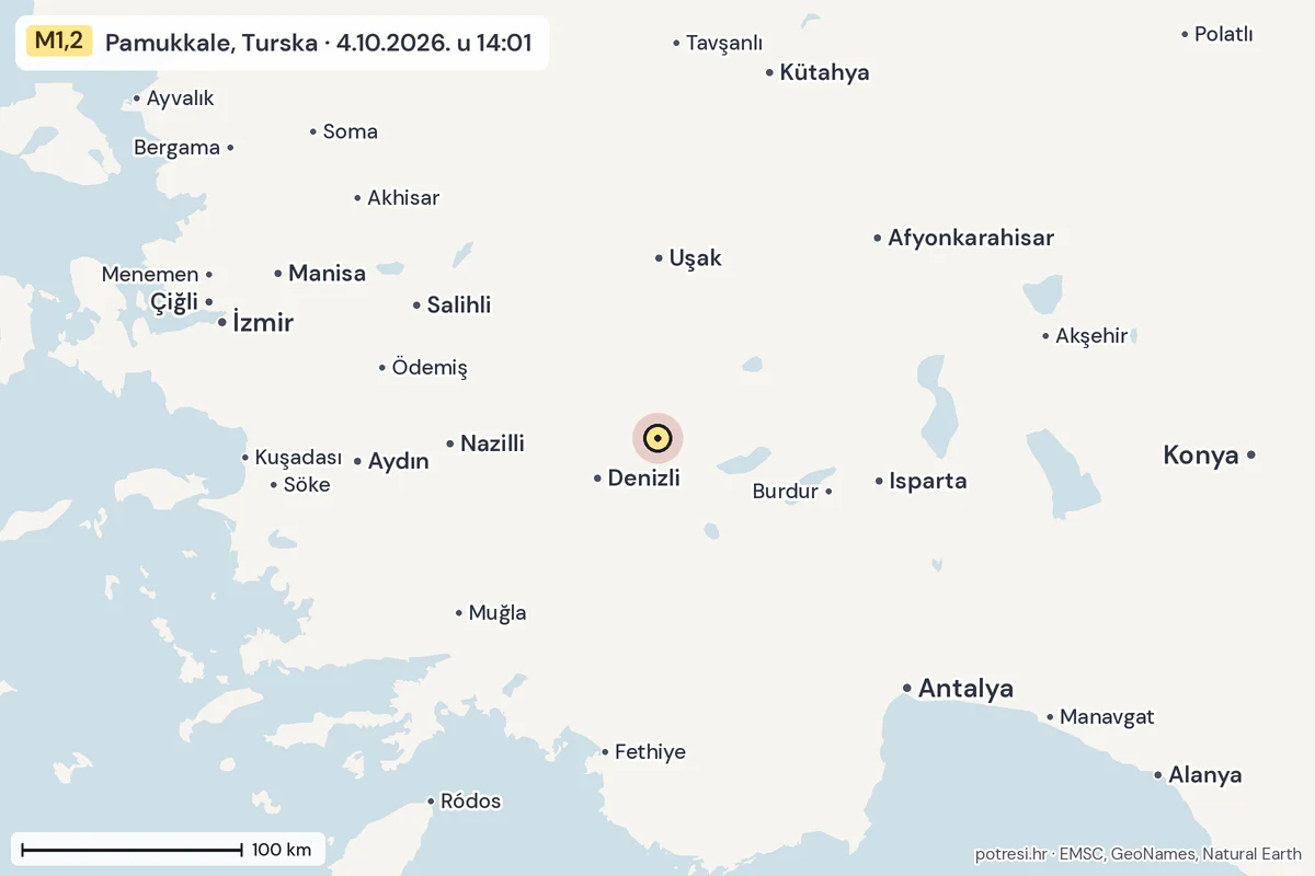 Karta: šire područje, 600 km, potres M1,2, Pamukkale, Turska, 4.10.2026.