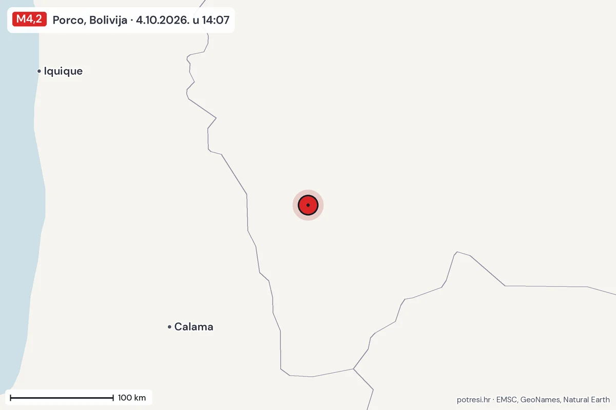 Karta: šire područje, 600 km, potres M4,2, Porco, Bolivija, 4.10.2026.
