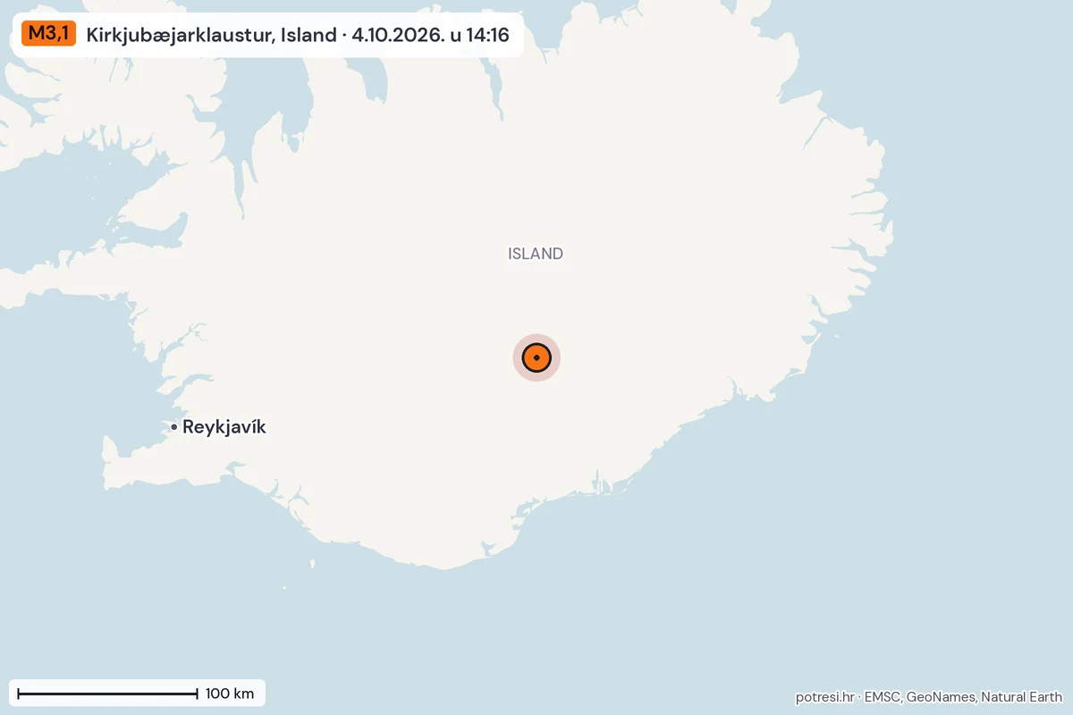 Karta: šire područje, 600 km, potres M3,1, Kirkjubæjarklaustur, Island, 4.10.2026.