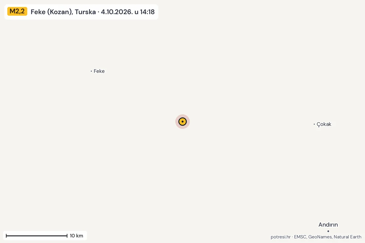 Karta: okolica epicentra, 60 km, potres M2,2, Feke (Kozan), Turska, 4.10.2026.