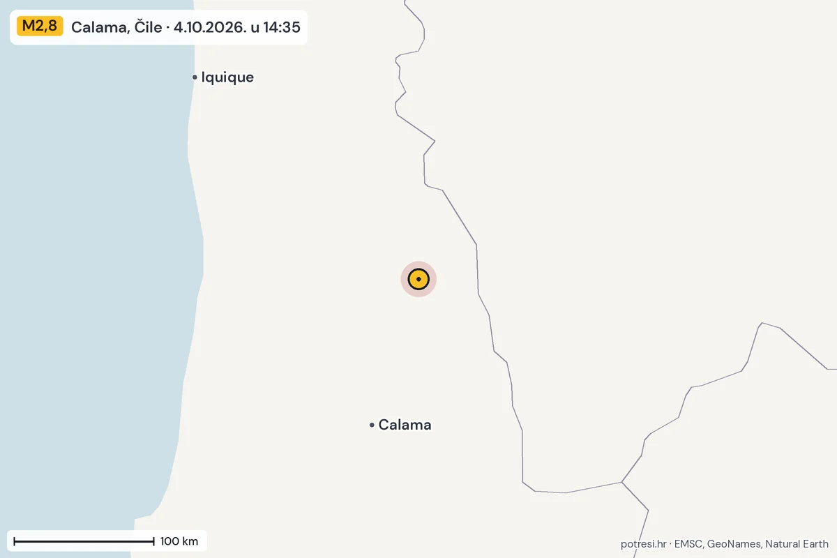 Karta: šire područje, 600 km, potres M2,8, Calama, Čile, 4.10.2026.