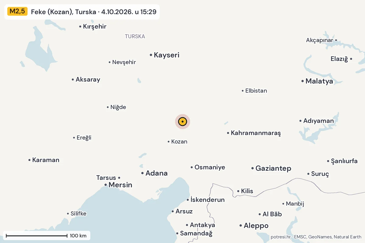 Karta: šire područje, 600 km, potres M2,5, Feke (Kozan), Turska, 4.10.2026.