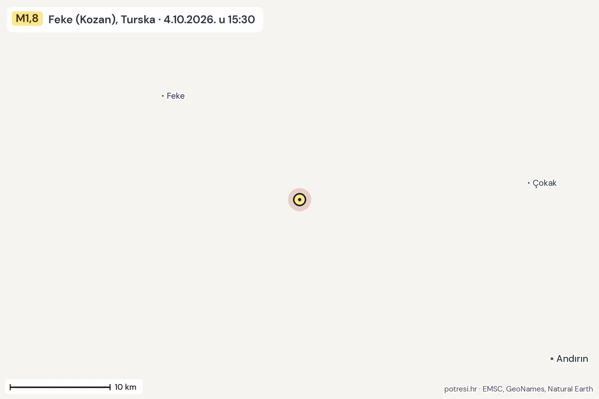 Karta: okolica epicentra, 60 km, potres M1,8, Feke (Kozan), Turska, 4.10.2026.