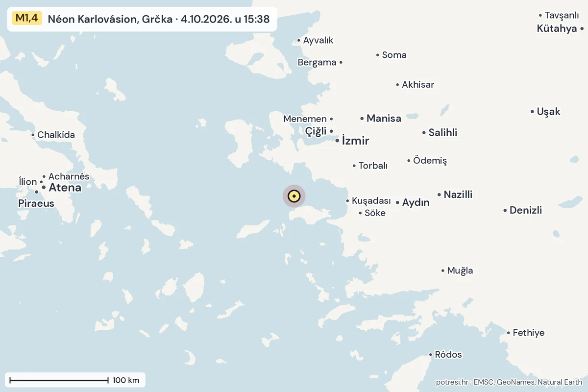 Karta: šire područje, 600 km, potres M1,4, Néon Karlovásion, Grčka, 4.10.2026.