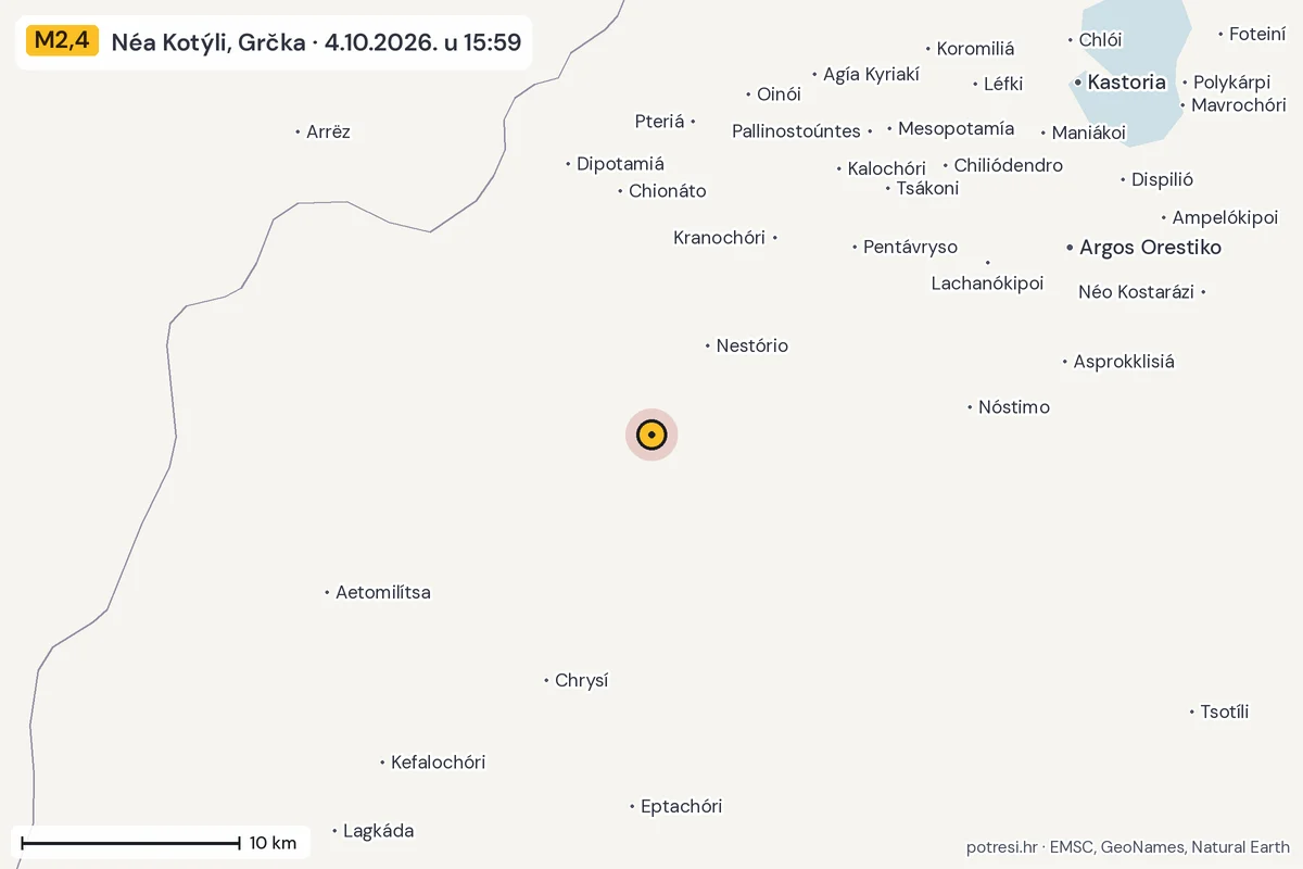 Karta: okolica epicentra, 60 km, potres M2,4, Néa Kotýli, Grčka, 4.10.2026.