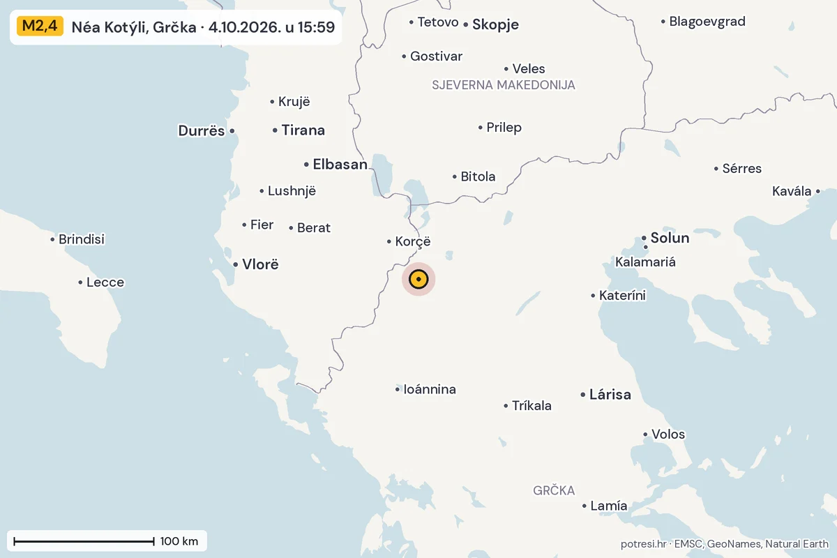 Karta: šire područje, 600 km, potres M2,4, Néa Kotýli, Grčka, 4.10.2026.