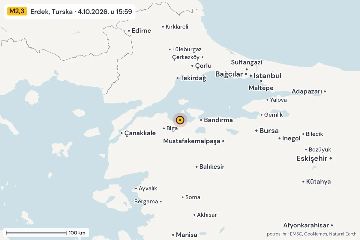 Karta: šire područje, 600 km, potres M2,3, Erdek, Turska, 4.10.2026.