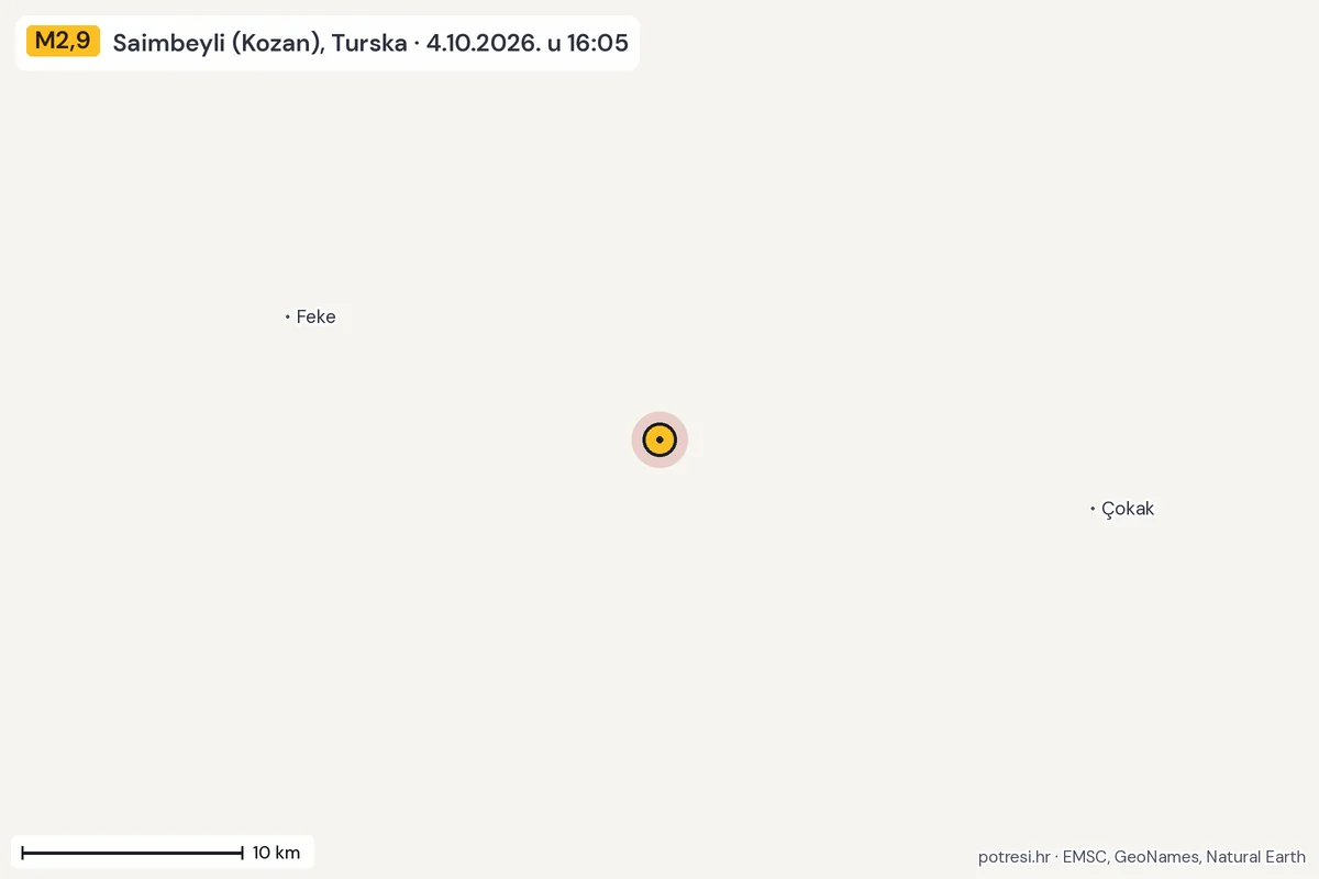 Karta: okolica epicentra, 60 km, potres M2,9, Saimbeyli (Kozan), Turska, 4.10.2026.